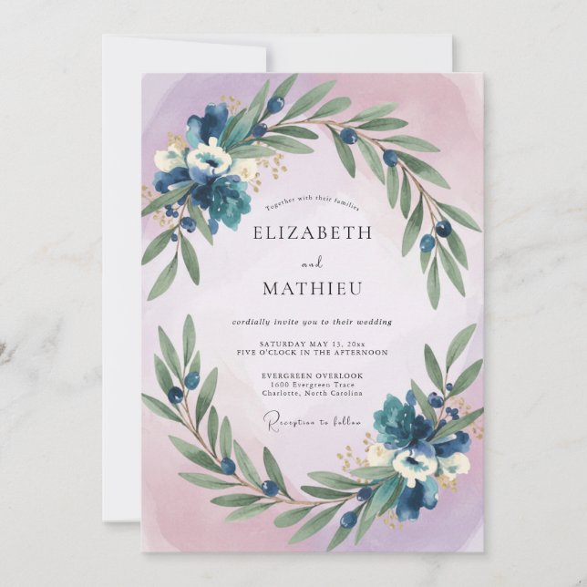 Convite Casamento Folhagem Oliva Índigo (Frente)