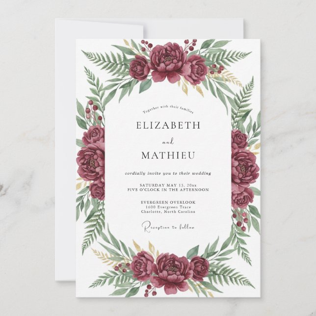 Convite Casamento Folhagem Peônia Fruta (Frente)