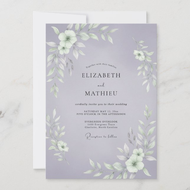 Convite Casamento Folhagem Periwinkle Cottagecore (Frente)