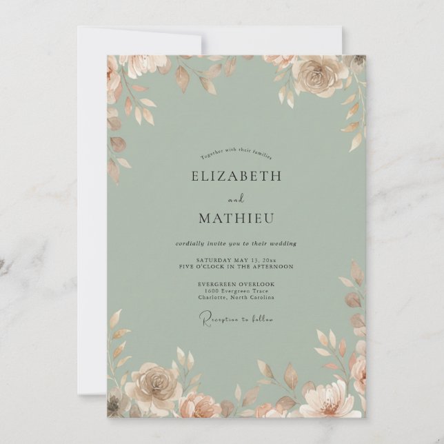 Convite Casamento Folhagem Pêssego Celadon (Frente)