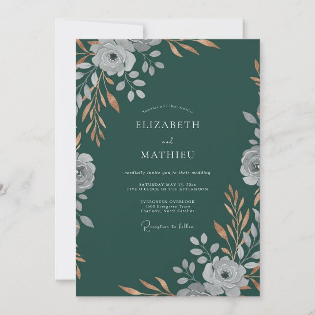 Convite Casamento Folhagem Petrol Profundo (Frente)