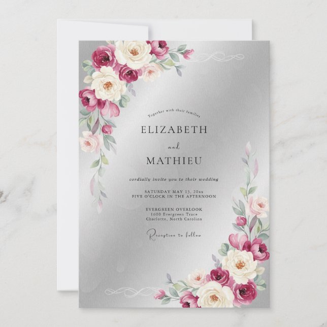 Convite Casamento Folhagem Prata Ameixa (Frente)