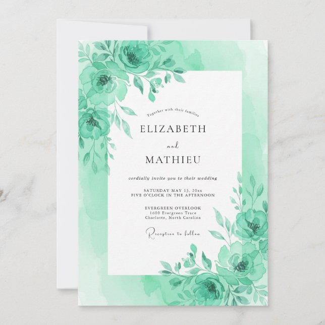 Convite Casamento Folhagem Serena Verde Menta (Frente)