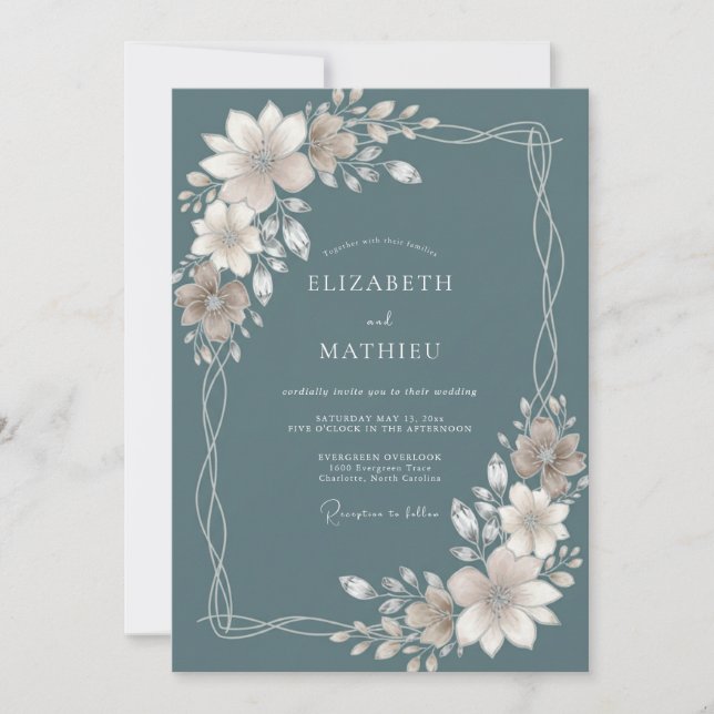 Convite Casamento Folhagem Taupe Aço (Frente)