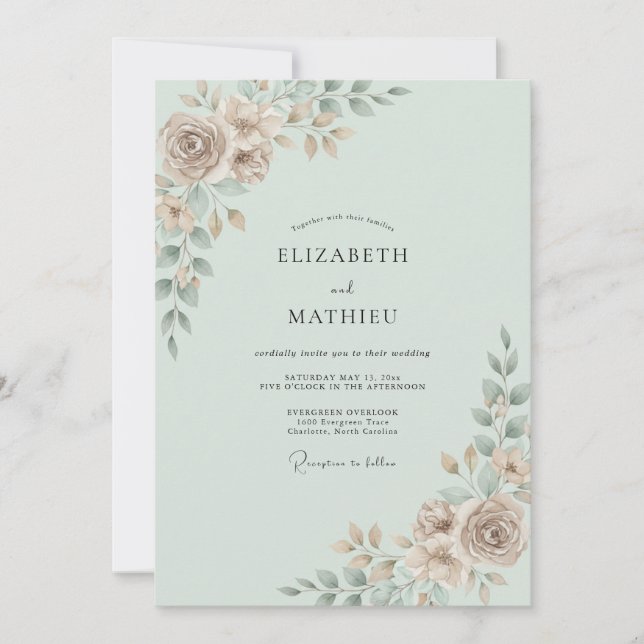 Convite Casamento Folhagem Taupe Espuma do Mar (Frente)