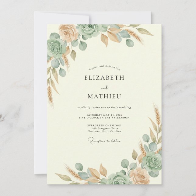 Convite Casamento Folhagem Teal Cobre (Frente)