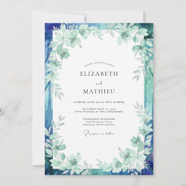 Convite Casamento Folhagem Teal Espuma do Mar (Frente)