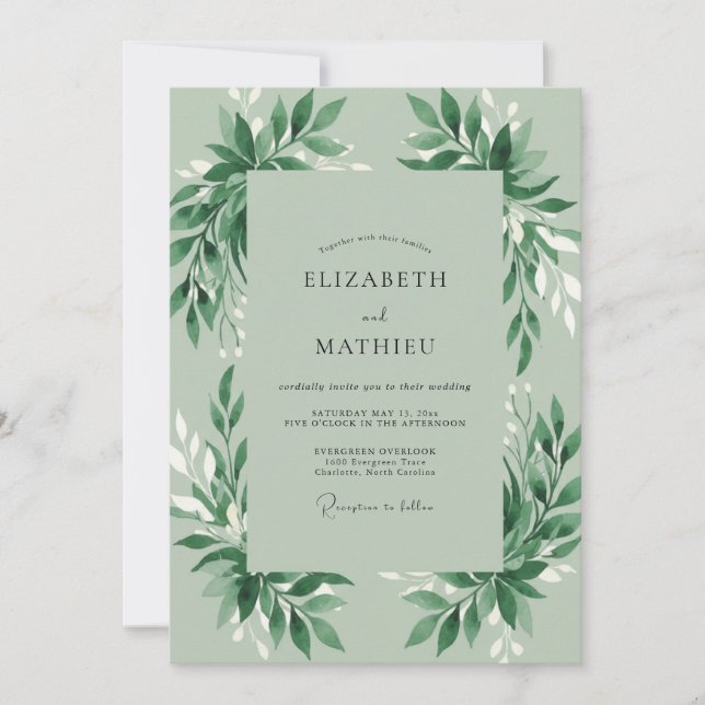 Convite Casamento Folhagem Verde Musgo (Frente)