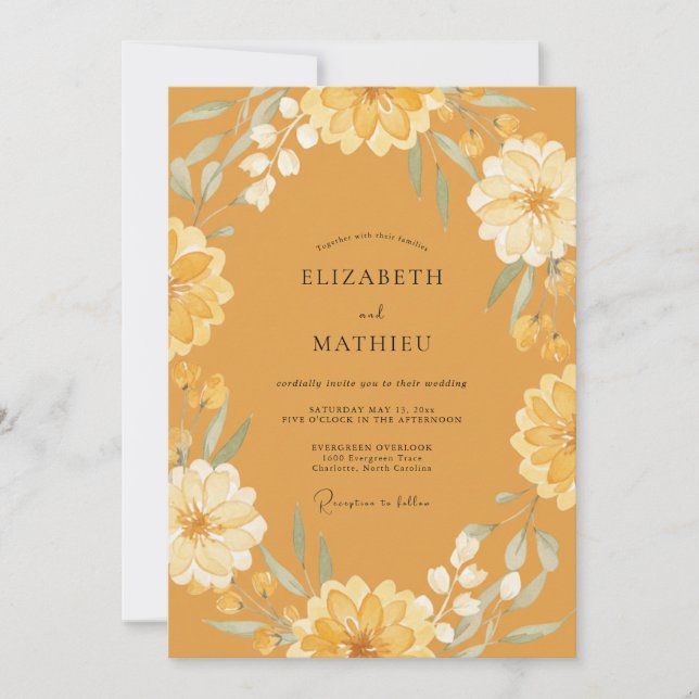 Convite Casamento Folhagem Zinnia Mostarda (Frente)