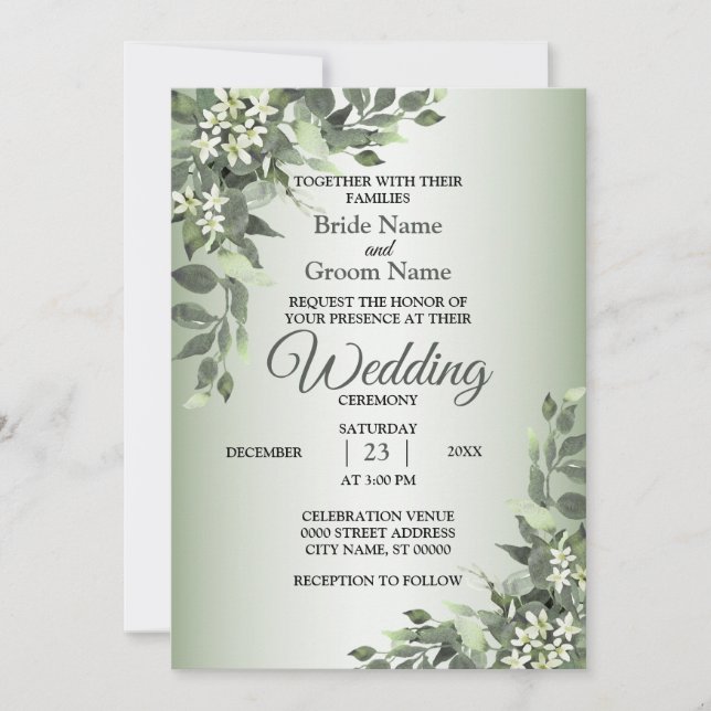 Convite Casamento Folhagens Florais Rústicas Folhas de Euc (Frente)