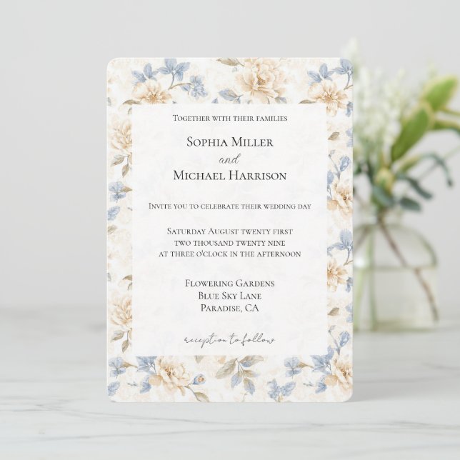 Convite Casamento Folhas Azuis Florais Creme Romântico (Em pé/Frente)
