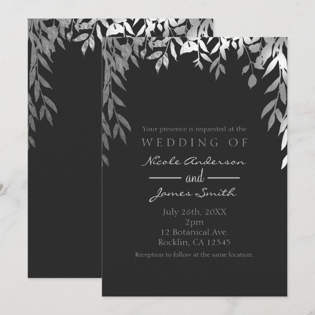 Convite Casamento Folhas Botânicas Glam Moderno Prata e Ci (Frente/Verso)