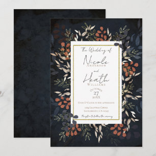 Convite Casamento Folhas Botânicas Ousado Dourado Azul Tem