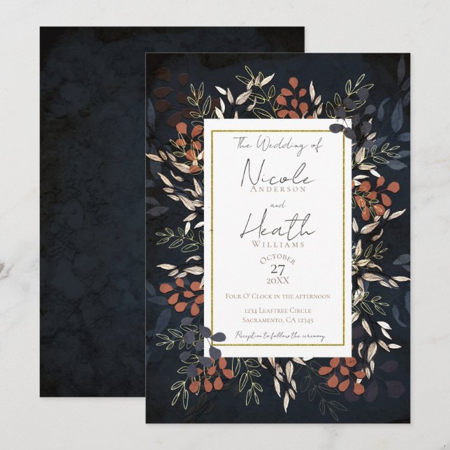 Convite Casamento Folhas Botânicas Ousado Dourado Azul Tem (Frente/Verso)
