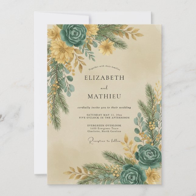 Convite Casamento Folhas Cinza Eucalipto Dourado Verde-águ (Frente)