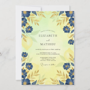 Convite Casamento Folhas Cobalto Dourado