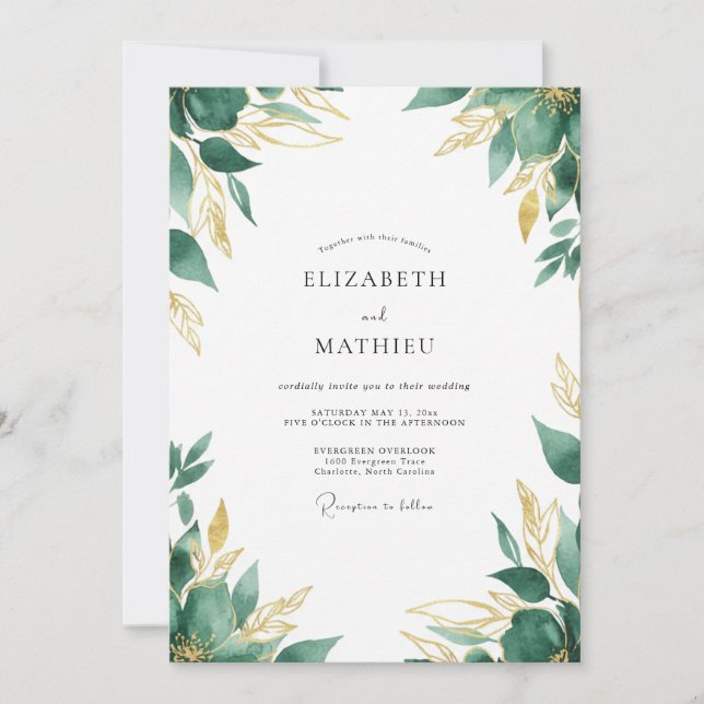 Convite Casamento Folhas de Ouro Esmeralda (Frente)