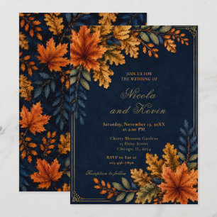 Convite Casamento Folhas de Outono Azul-Marinho