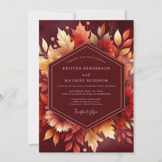 Convite Casamento Folhas de Outono de Borgonha (Frente)