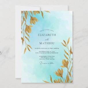 Convite Casamento Folhas Douradas Aqua Soft