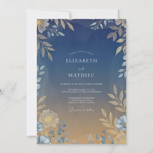 Convite Casamento Folhas Douradas Quentes de Meia-Noite (Frente)
