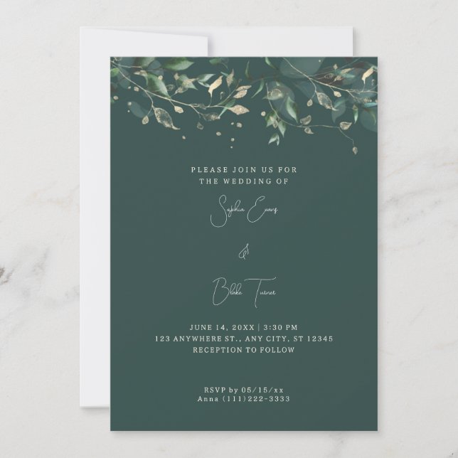 Convite Casamento Folhas e Videiras Modernas Verde Escuro (Frente)