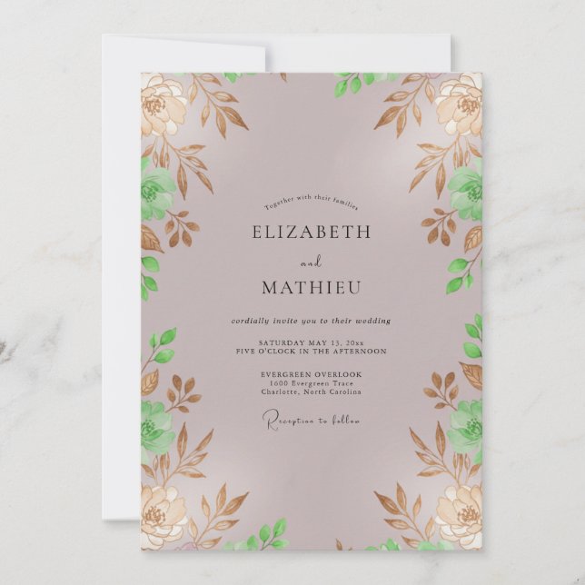 Convite Casamento Folhas Folhagem Dourada Malva (Frente)