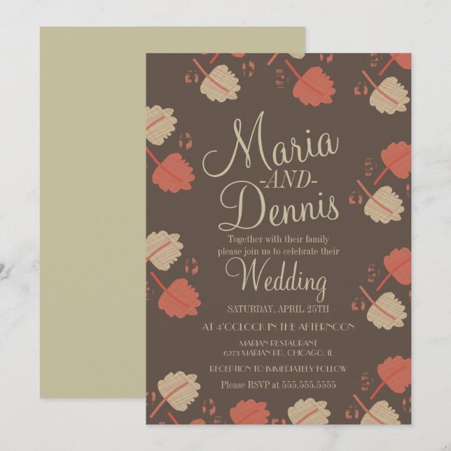 Convite Casamento Folhas Neutras Terracota Simples Outono (Frente/Verso)