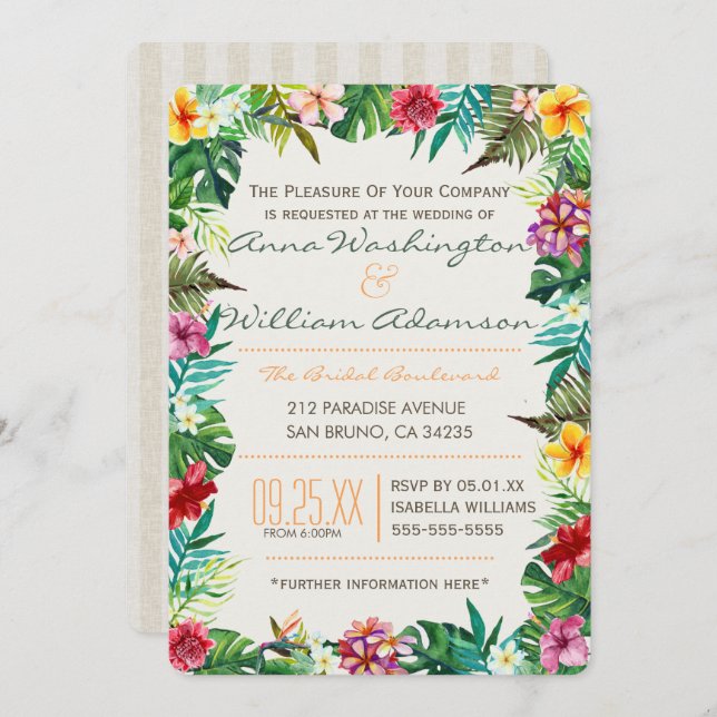 Convite Casamento| Folhas tropicais, Flora & Rico (Frente/Verso)