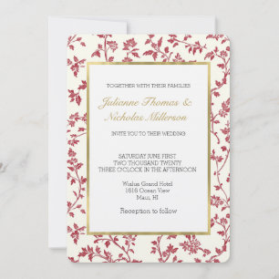 Convite Casamento Folhas Vermelhas Creme Romântico