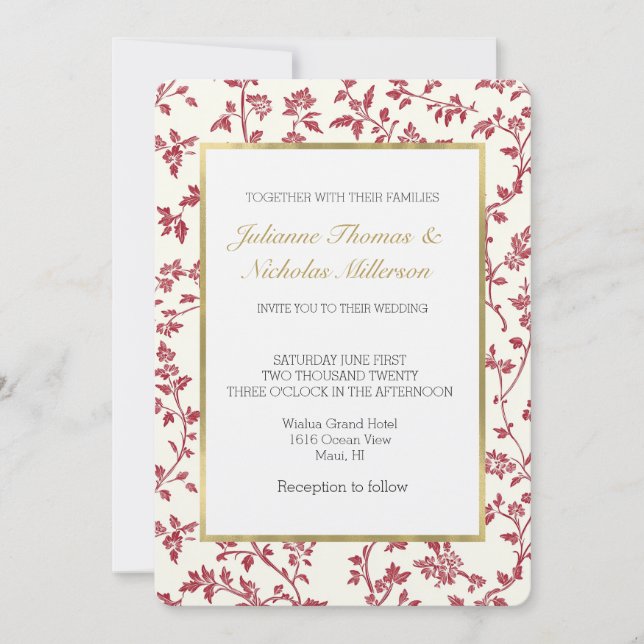 Convite Casamento Folhas Vermelhas Creme Romântico (Frente)