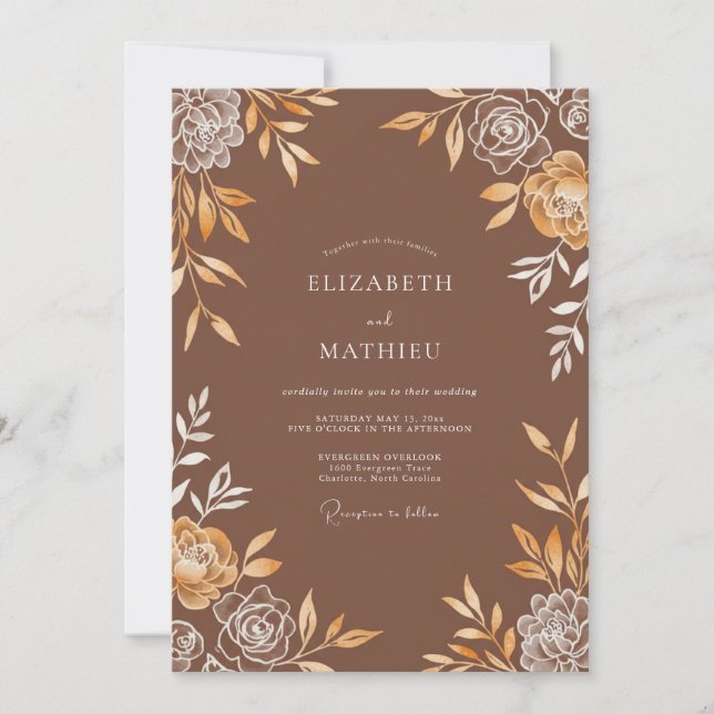 Convite Casamento Folhoso Canela Dourada (Frente)
