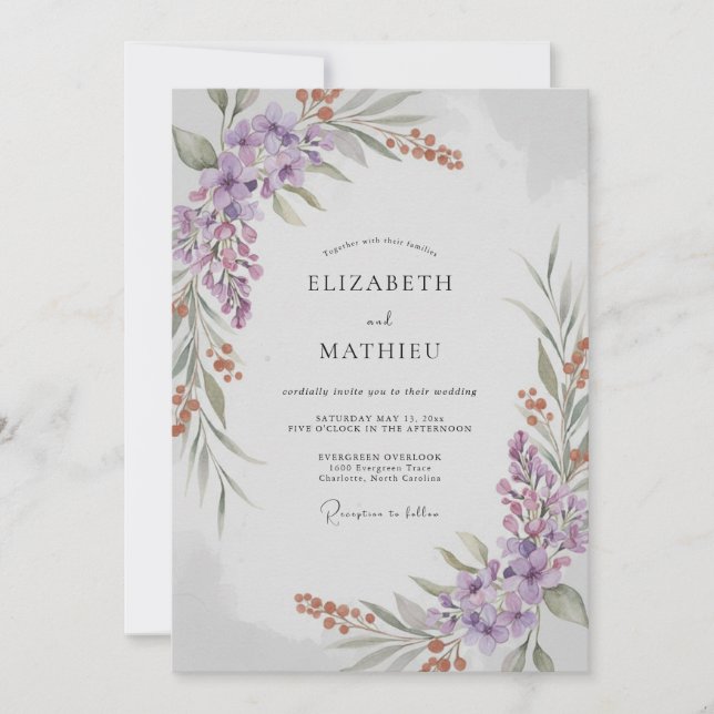 Convite Casamento Folhoso com Lilás e Ferrugem (Frente)