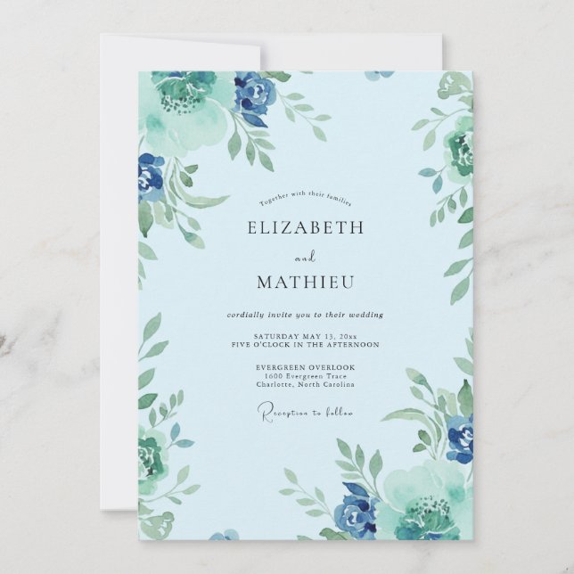 Convite Casamento Folhoso Cornflower Azul (Frente)