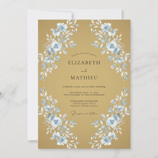 Convite Casamento Folhoso Cornflower Dourado (Frente)