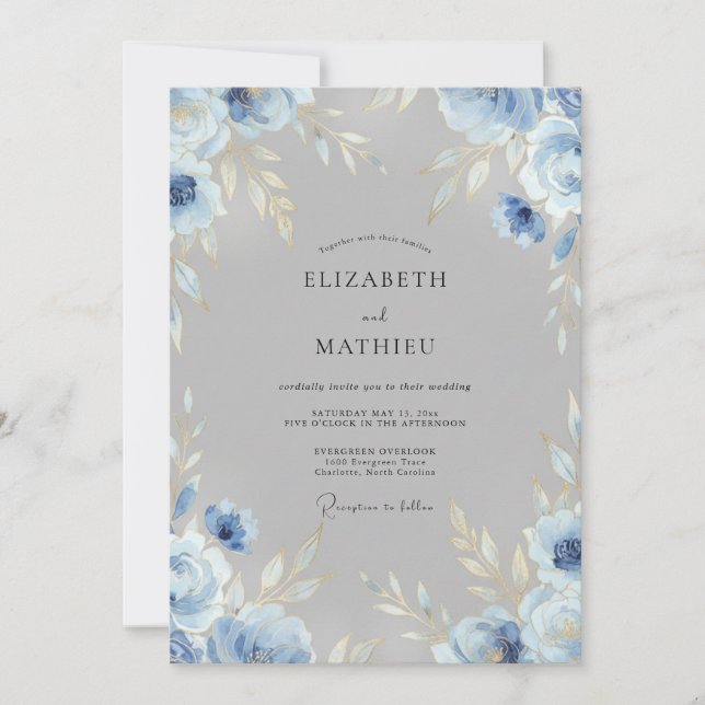 Convite Casamento Folhoso Cornflower Slate (Frente)