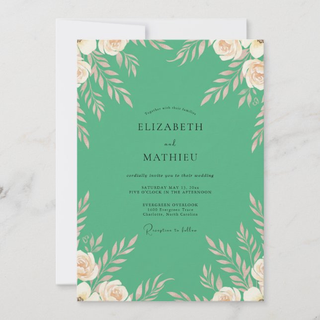 Convite Casamento Folhoso Creme Menta (Frente)