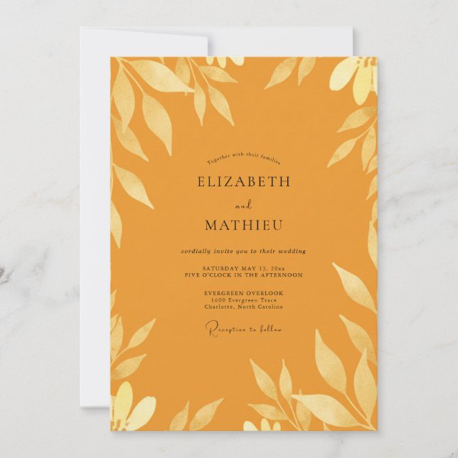 Convite Casamento Folhoso de Mostarda Ocre (Frente)