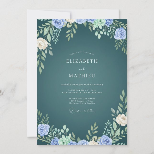 Convite Casamento Folhoso de Periwinkle Azul-Verde (Frente)