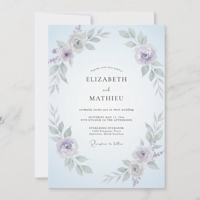 Convite Casamento Folhoso de Vinca Azul-Celeste (Frente)