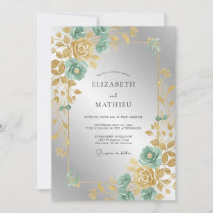 Convite Casamento Folhoso Dourado e Menta