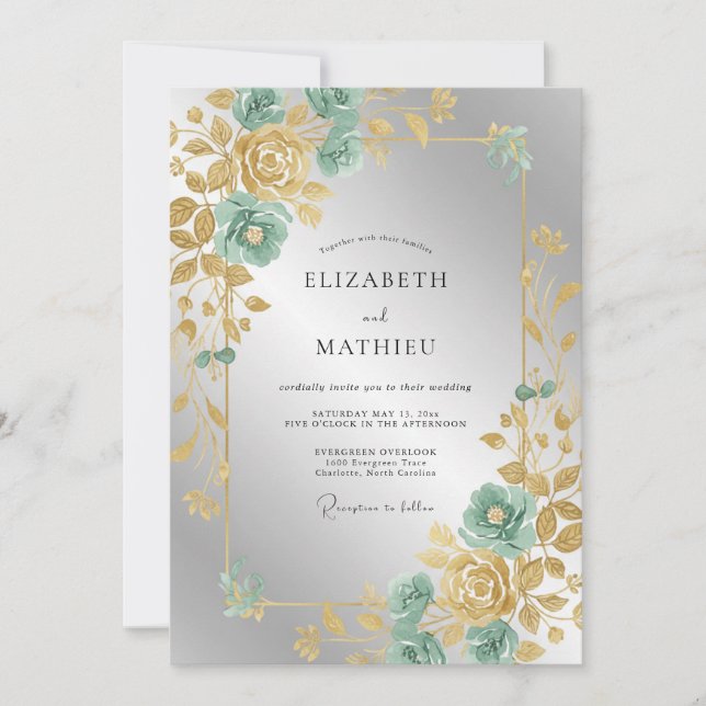 Convite Casamento Folhoso Dourado e Menta (Frente)