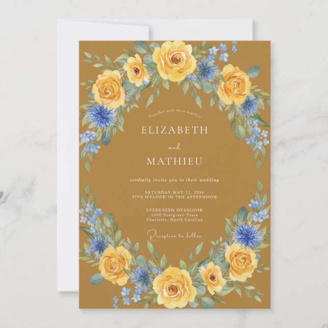 Convite Casamento Folhoso Ochre Cornflower (Frente)