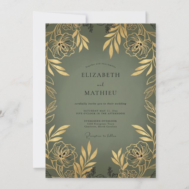 Convite Casamento Folhoso Oliva Dourado (Frente)