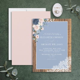 Convite Casamento Formal Azul Blush Rustic Lace Casamento