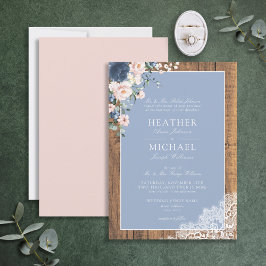 Convite Casamento Formal Azul Blush Rustic Lace Casamento