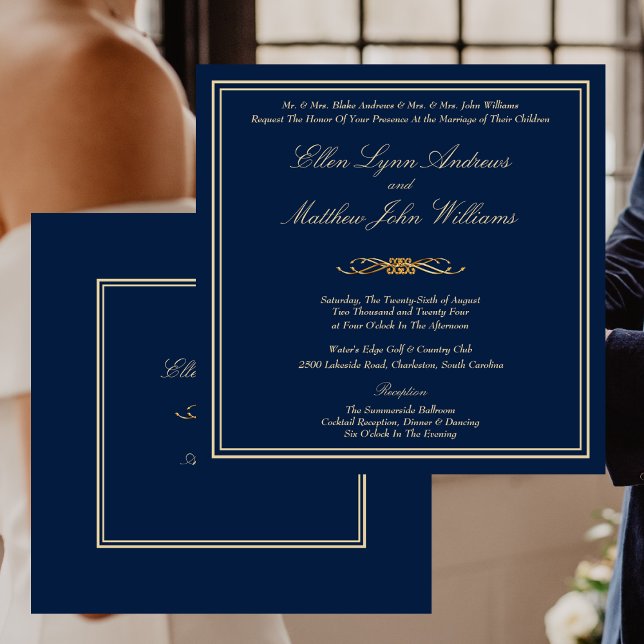 Convite Casamento Formal Azul e Dourado do Marinho Elegant (Elegant Navy Blue and Gold Formal Wedding Invitation)