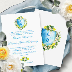 Convite Casamento Formal Azul Floral Crest Monograma Limõe