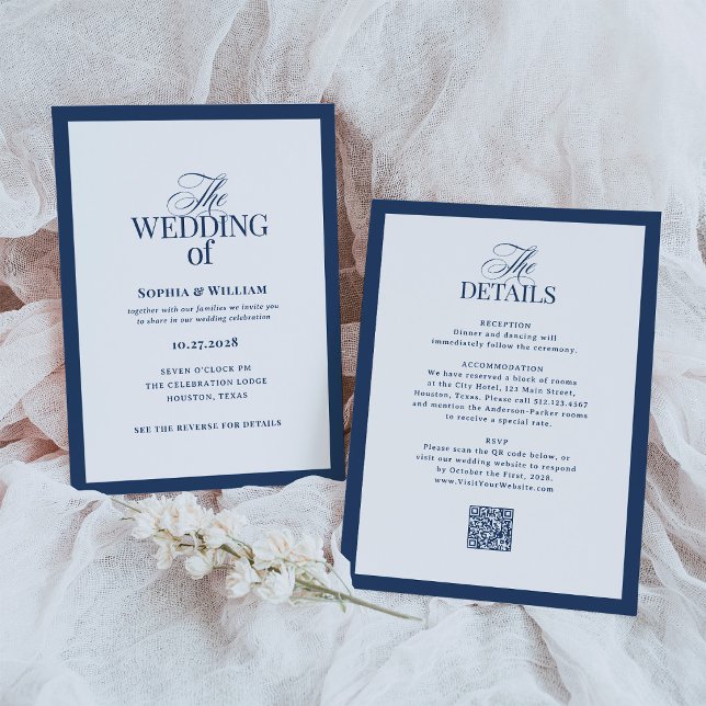 Convite Casamento Formal Azul Marinho com Código QR de RSV (Criador carregado)