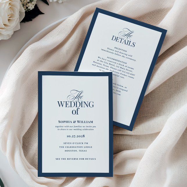 Convite Casamento Formal Azul Marinho com Código QR de RSV (Criador carregado)